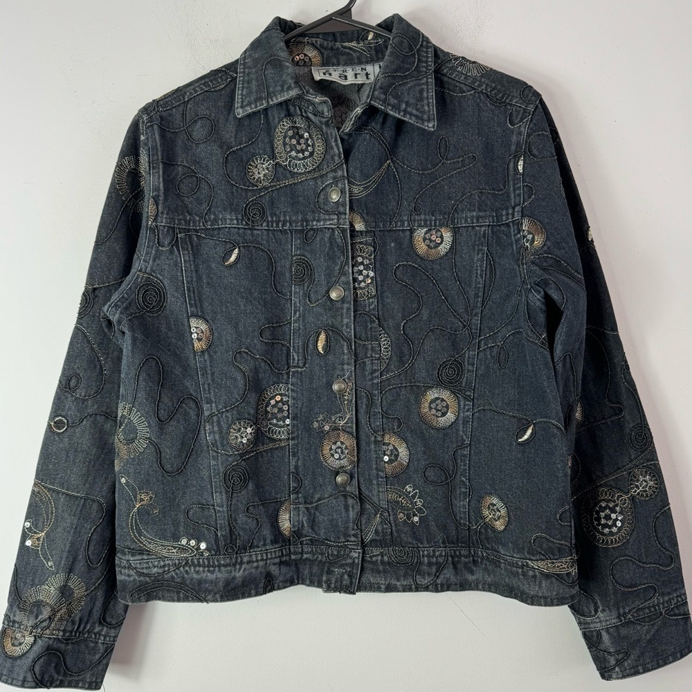 Karen Hart Women's Embroidered Boho Denim Black Jacket Size Small